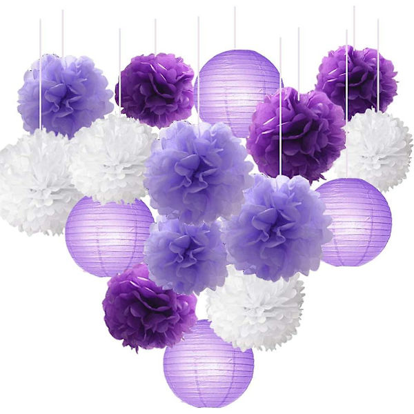 Set med 16 st blandade varma guldlila färgade papperslyktor, pappersbollar, papperspompoms
