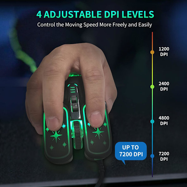 Gaming Mus, 4 farver baggrundsbelyst optisk spilmus ergonomisk USB kablet med 7200 DPI og 6 knapper 4 skydning til computer/Win/Mac/Andriod/iOS (sort)