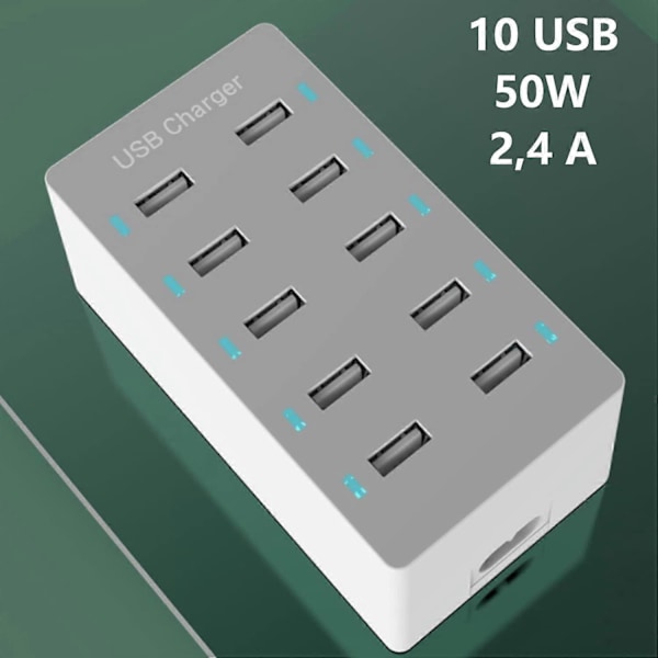 USB Ladestation, 50W 10-Port USB Oplader Hub, Multi-Port USB Oplader med Smart Detect, Kompatibel med iPhone, Galaxy, iPad Tablet og Andre USB