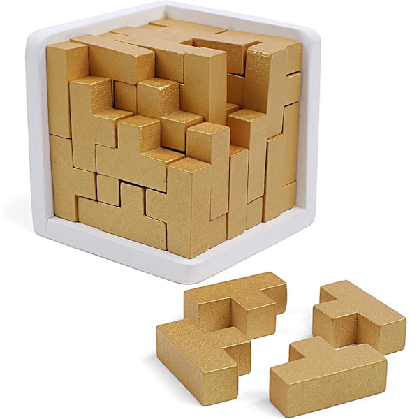 3D Träpussel för hjärnan. Genius Skills Builder T-formade bitar. 3D-pussel för vuxna och barn Gold