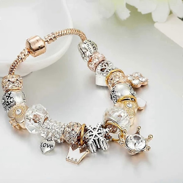 Naisten korut kultainen charmirannekoru Pandora-tyyliin ruusuhopeanvärisenä, 19 cm sydäncharmeilla, rannekorut Y2K, käsikorut, rannekoru naisille/teineille Gold Crown