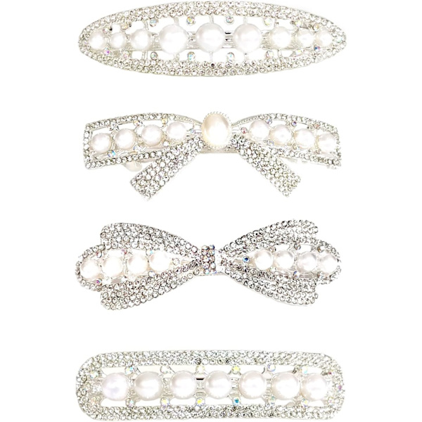 Hårspenner - 4-pak franske spenner hvite perle rhinestone hårklips glir - sløyfe sommerfugl automatiske hårspenner for kvinner