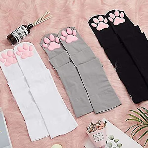 Katt tass lårhöga strumpor handskar, flickor kvinnor mjuka 3d kattunge strumpor White