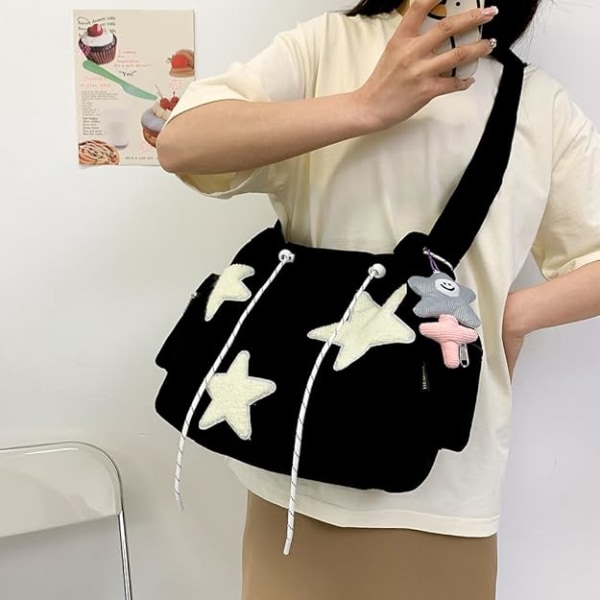 Sød messenger-taske, æstetisk lærreds-crossbody-taske, Y2K Star-skulderpung til kvinder pigeskole (sort)