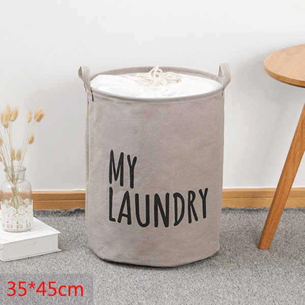 Sammenfoldelig vasketøjskurv med snøre stor kapacitet vandtæt tøjopbevaringskurv til hjembyens soveværelse 35*45cm - Gray