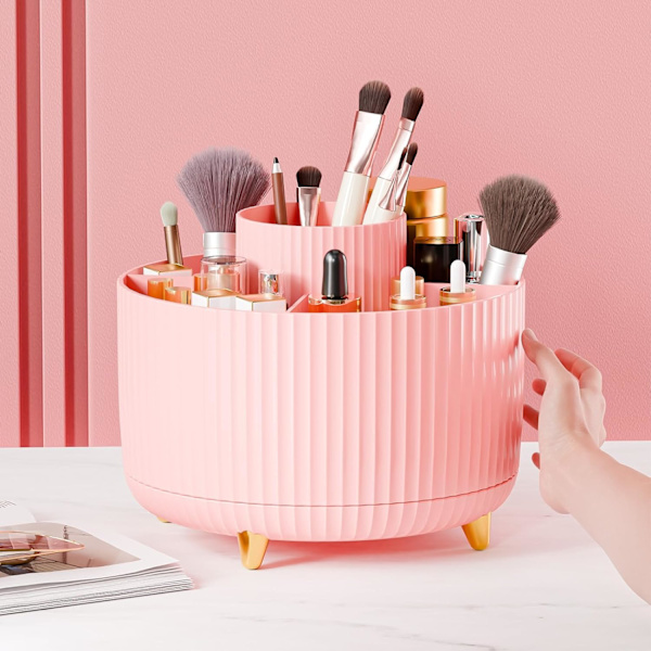 360° roterende penneholder, skrivebordsarrangører med 5 rum blyantsarrangør, kunstforsyningsopbevaringsboks Caddy til hjemmekontorartikler Desktop oprydning Pink