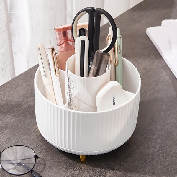 360° roterende penneholder, skrivebordsarrangører med 5 rum blyantsarrangør, kunstforsyningsopbevaringsboks Caddy til hjemmekontorartikler Desktop oprydning White
