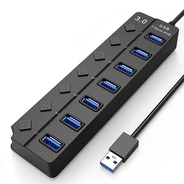 USB 3.0 hub 5 Gbps 7-porter med individuelle av/på-knapper