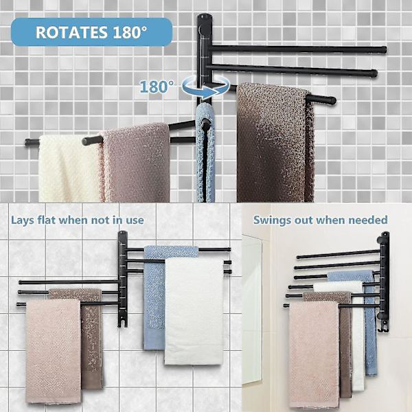 Veggmontert Håndkleholder Rustfritt Stål, 180 Graders Rotasjon Badehåndkleholder Med 6 Svingarmer Black 6 Arm
