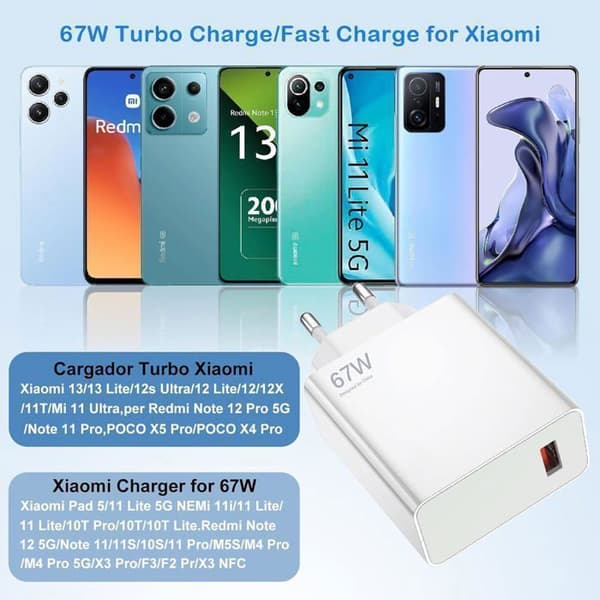 67W USB snabbladdare - Xiaomi - Redmi Note 13 Pro - 2m kabel - Överspänningsskydd - Vit C Puissance : 67W