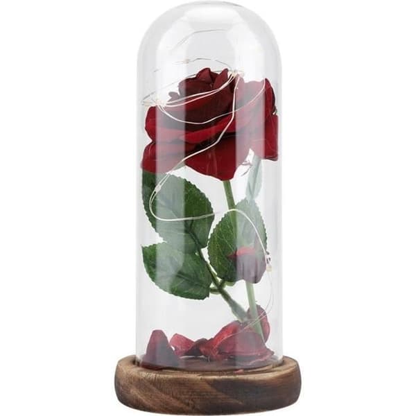 Evig Blomst - LED - Rød Rose - Glaslåg - Træbase - Romantisk Gave
