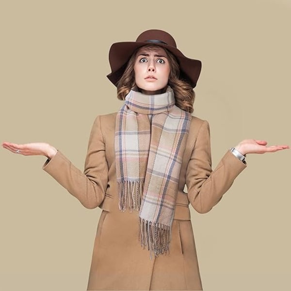 Mote-sjal og skjerf for damer, vinter-skjerf, pledd-skjerf for kvinner, tartan-skjerf, gaver til damer (Beige+Gult)