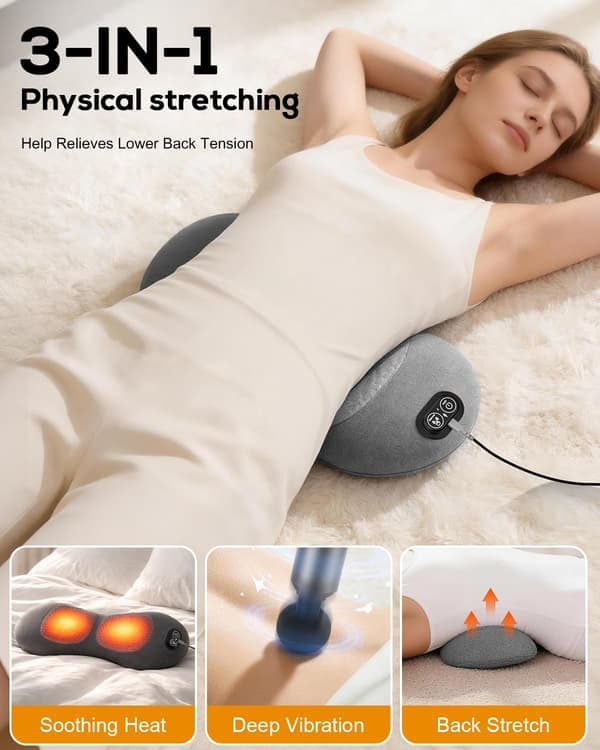 [RM]3-i-1 Rygmassager med Varme Vibration Stræk, Ergonomisk Memory Foam Lændestøttepude til Seng Stol, Afslapningsgave til Grå