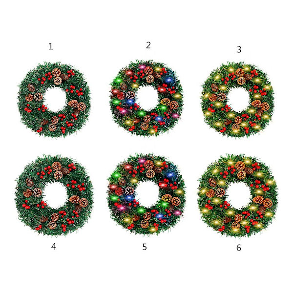 Konstgjord Julkrans med Tallkottar Röda Bär LED-Ljus Girlang för Dörren Vägg Lanthus Dekoration Utomhus Inomhus Festtillbehör 30 cm-colourful lights