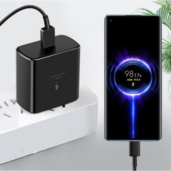 Hurtig oplader 45W til Samsung USB-C + 2M USB-C kabel - EU - Sort 45W Fast Charging - High Quality