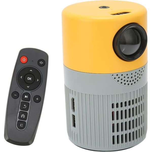 Bärbar HD 1080p miniprojektor med bioljud och dubbla fläktar; stöder DVD; 100-240V; gul/grå; australisk kontakt – AquaForge