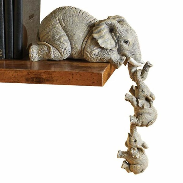 Elephant Hylle Sitter, Mor Elephant Henger 2 Babyelefanter På Kanten, Mantelpiece dekorasjon, Håndmalte Resin Samlefigurer For Hjem