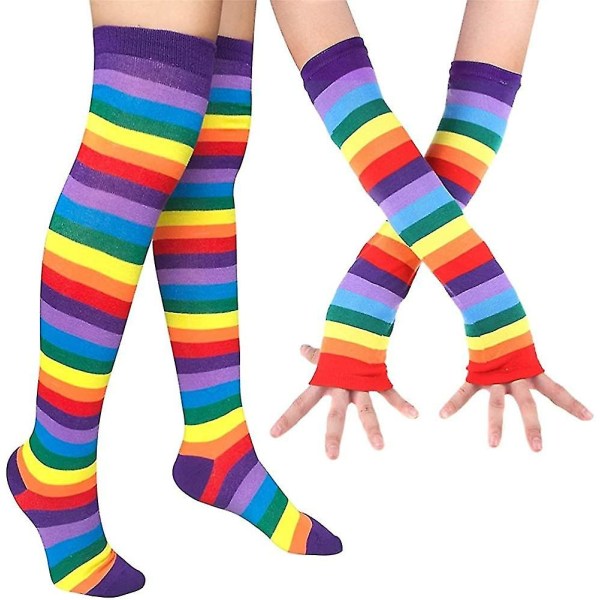 Knesokker Rainbow Stripes Armvarmere benstrømpe Fargerike lårhøye sokker