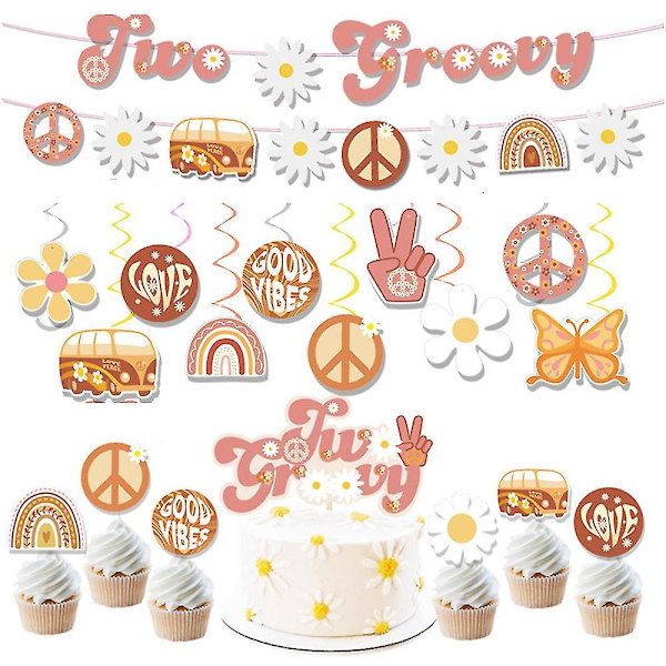 To groovy festdekorationssæt Retro Hippie Boho banner hængende hvirvler kage cupcake toppers forsyninger