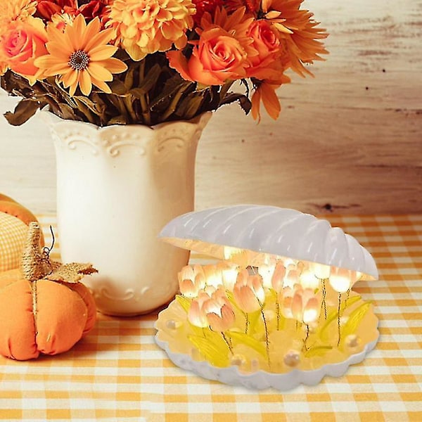 Tulipan Nattlys DIY Materiale Nattbordslampe Skall Håndlaget Kunstig Blomst Nattlys DIY Tilbehør Skjellampe White