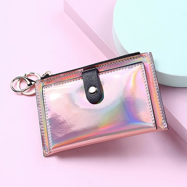 Damepung Bifold med møntlomme kortholder pung nøglering pink
