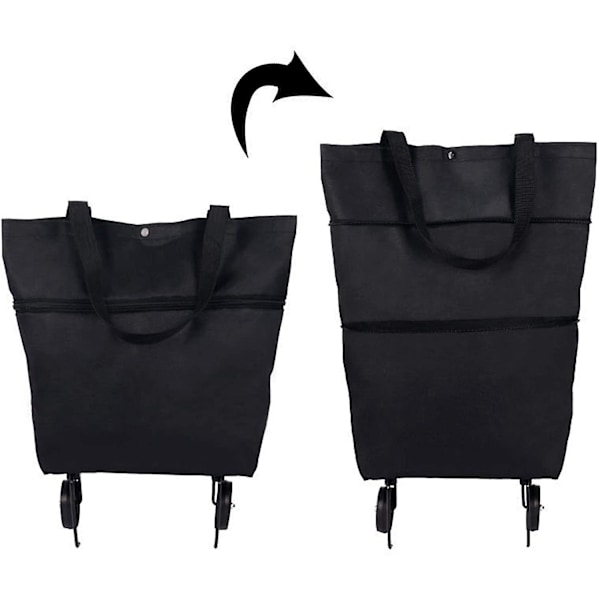 Foldbar Indkøbstrolley, Sammenklappelig To-trins Lynlås Foldbar Indkøbspose Med Hjul Foldbar Indkøbstrolley Kompatibel Med Frugt, Grøntsager Black