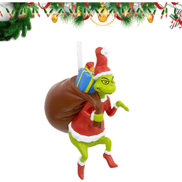 Reol Grinch Hængende Ornament Julepynt Vedhæng, Sjove Resin Grøn Grinch Xmas Decor til hjemmets feriefest (Grinch med byrde)