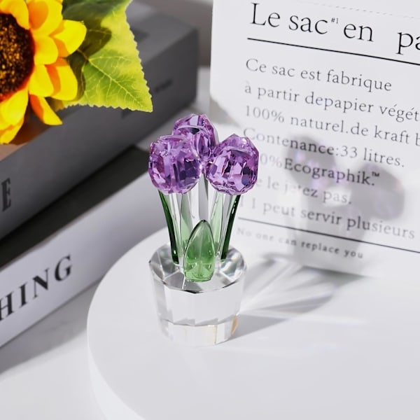 Krystall Tulipan Blomsterbukett Figur Samleobjekter Gaver til Kvinner, Glass Blomster Midtstykke Ornamenter til Jul Bursdag med 3 Blomster Purple