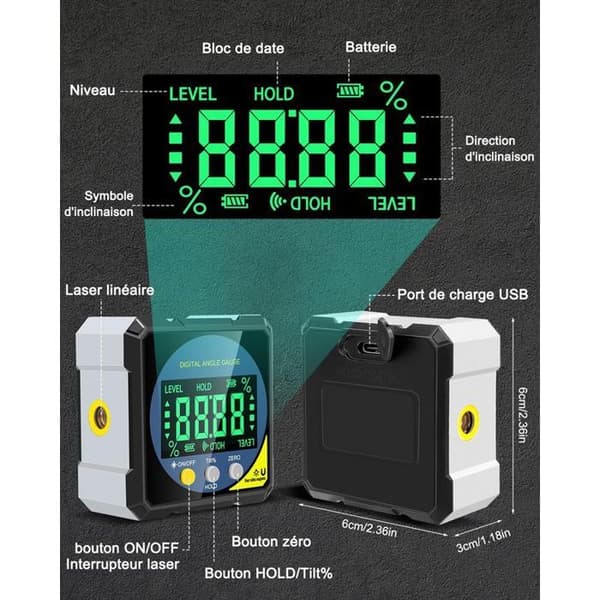 Digital dobbeltlaser-inklinometer/vinkelmåler - USB-C - Magnetisk base - ±0,2° præcision - IP54 - Til træbearbejdning