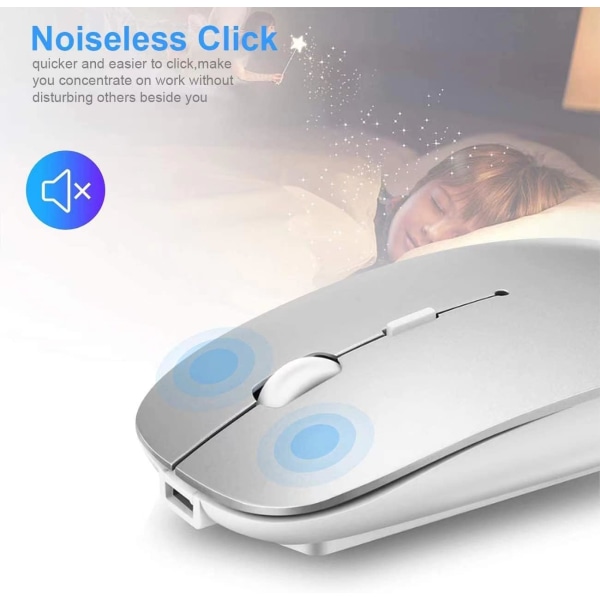 Bluetooth-mus for bærbar PC/iPad/iPhone/Mac(iOS13.1.2 og nyere)/PC, oppladbar støyfri mini trådløs mus kompatibel med Android/Windows, Silver