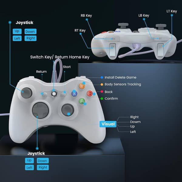 Kablet Xbox 360 Controller, Spilcontroller til 360 med Dobbelt Vibration Turbo Kompatibel med Xbox 360/360 Slim og PC Windows 7,8,10 White