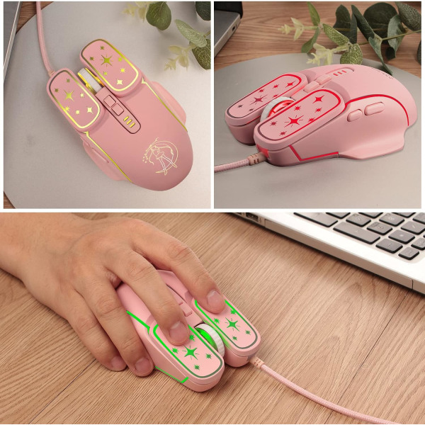 Gamingmus, 4 farger bakgrunnsbelyst optisk spillmus ergonomisk USB kablet med 7200 DPI og 6 knapper 4 skyting for datamaskin/Win/Mac/Andriod/iOS (rosa)