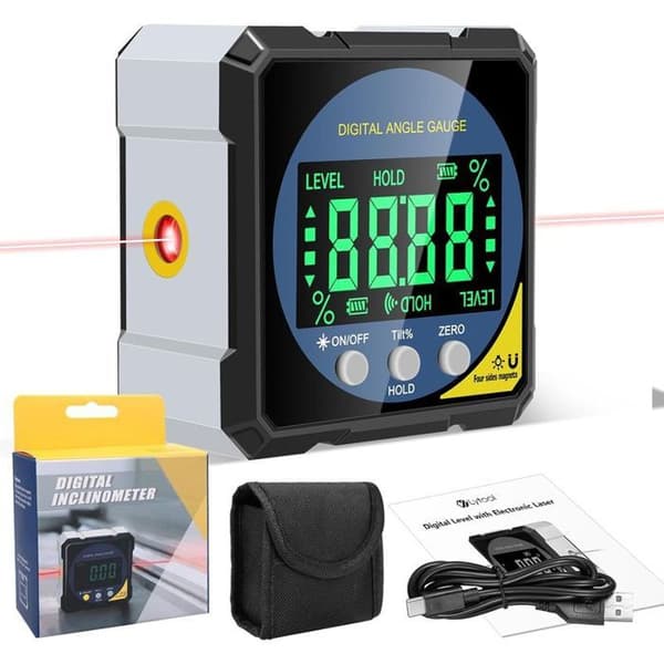 Digital dobbeltlaser inklinometer/vinkelmåler - USB-C - Magnetisk base - ±0.2° presisjon - IP54 - For trearbeid