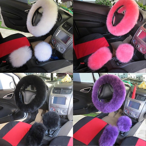 3-pack Faux Wool Rattstyre, Växelspak och Handbromsöverdrag Bildekor Violet