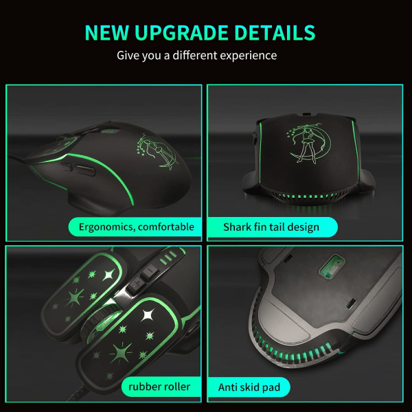 Gaming Mus, 4 farver baggrundsbelyst optisk spilmus ergonomisk USB kablet med 7200 DPI og 6 knapper 4 skydning til computer/Win/Mac/Andriod/iOS (sort)