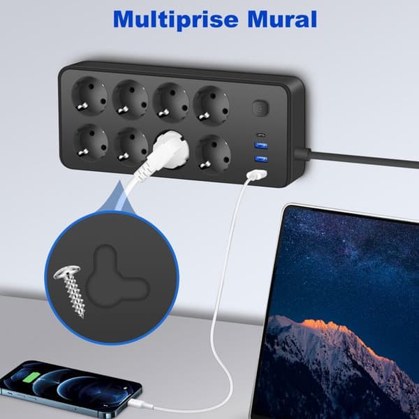 Strømuttak med bryter - UPLAYTECK - 12 uttak - 8 EU-uttak - 3 USB-A-porter - 1 USB-C-port