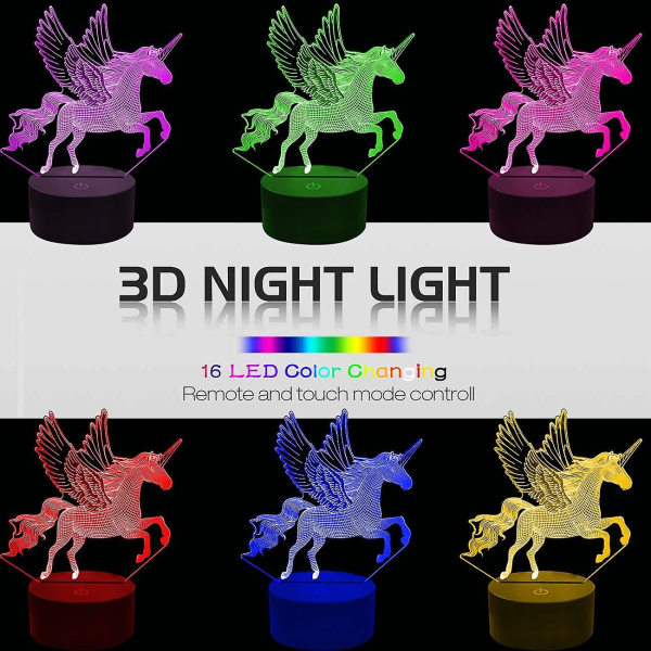 Shxx 3d yksisarvinen yövalo lapsille, 3d lamppu 3-kuvioinen ja 16 väriä muuttava sisustus yövalo kaukosäätimellä makuuhuoneen baariin, parhaat yksisarvislelut Gi