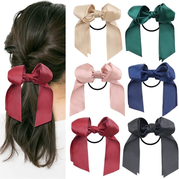 6 pakke sateng magert lange sløyfer hårsløyfer Scrunchies med båndsløyfe Hestehaleholderbånd Chignon Bun Hårbånd Tilbehør for kvinner Jente