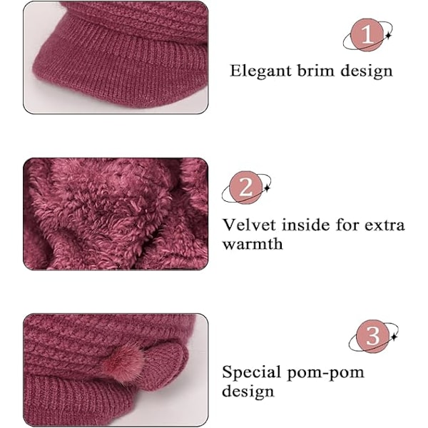 Beanie-Huer til Kvinder Vinterhuer Fleeceforet Beanie Blomsterstrikket Huer Damebasker med Skygge Cloche Huer Termisk Hue Kvinder Kasketter Uldig, Pink