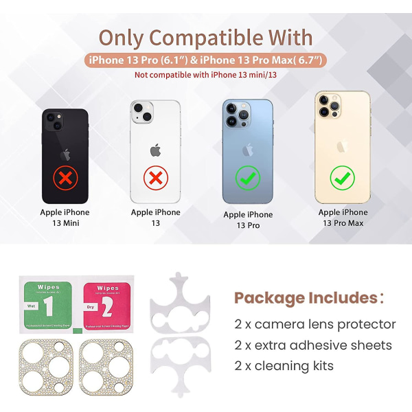 [2 Pack] Bling kameralinsebeskytter kompatibel med Iphone 13 Pro Max 6,7 tommer Gli