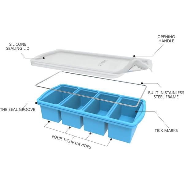 Sett med 2 silikonisbitformer med lokk - Beholder for frysing av suppe - Stor isbitform (blå)