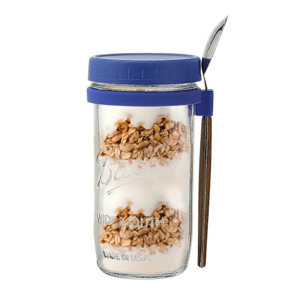 Glasbehållare för Havregryn med Sked - 350ml Flerfärgad 30 cl Mason Jar med Bred Öppning för Overnight Oats, Flingor, Yoghurt - Lufttät Förslutning och Läcksäkert Lock Blue 600ML