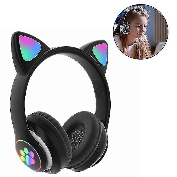 Kissan korvan langattomat kuulokkeet, LED-valolla varustetut Bluetooth-kuulokkeet Black