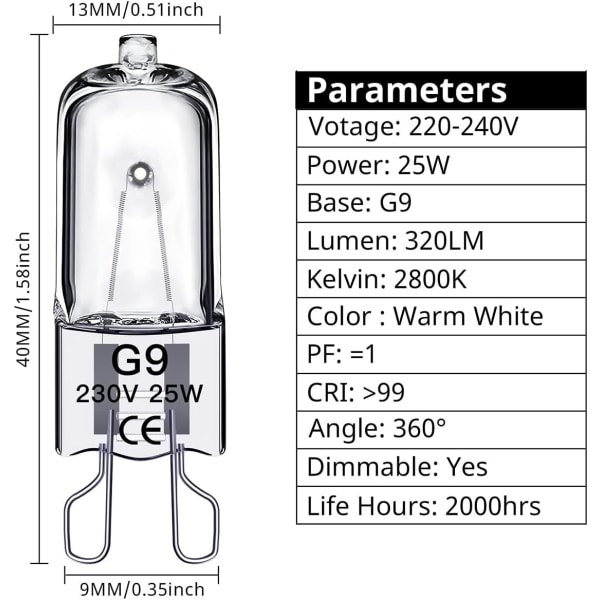 G9 Halogen Light Bulbs 25W,230V,10 Pack