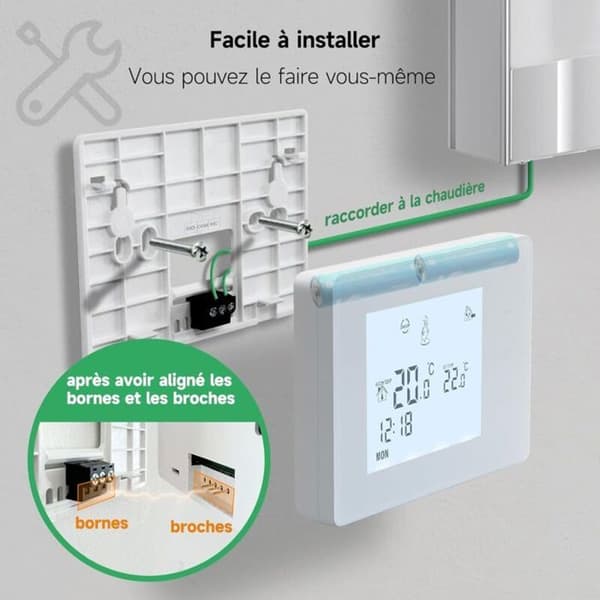 Batteridriven 2-tråds gaspannatermostat, väggmonterad, programmerbar, ej WiFi, drivs av 2 AA-batterier (batterier ingår ej)
