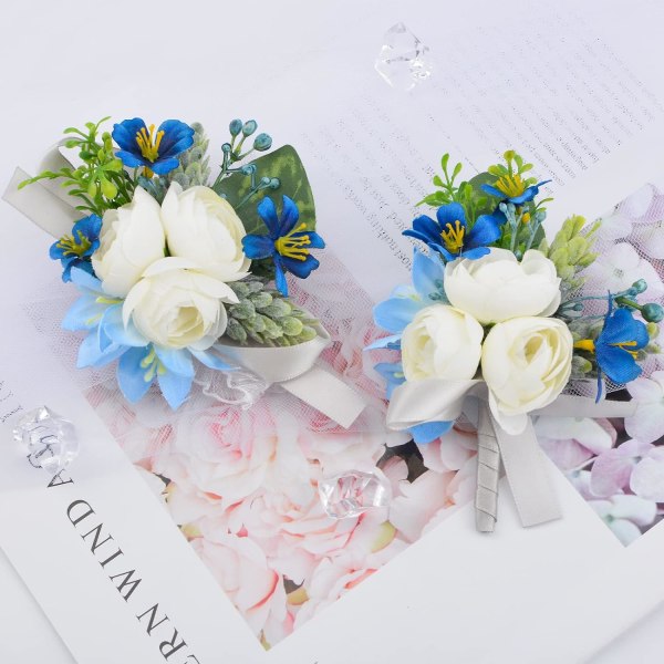 2 stk. håndledsblomster, kunstig bryllupshåndledsblomst og boutonniere sæt brud håndblomst mænd boutonniere til bryllup, hvid og blå