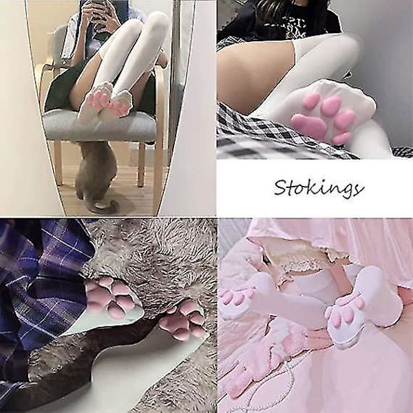 Katt tass lårhöga strumpor handskar, flickor kvinnor mjuka 3d kattunge strumpor White