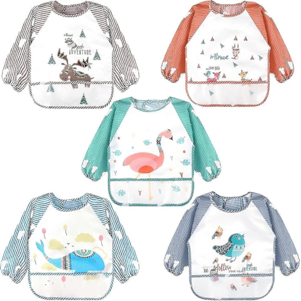 5-pack Långärmade Bebis-Släpkläder, Vattentäta Ärmar, Småbarns-Släpkläder för 6-36 Månader 5pcs-bird-Fox-Fla-Elk-Wh Tie Closure-6-36 months