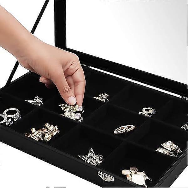 Smyckesorganisatör - Smyckeskrin med 12 Fack (35,2 x 24 x 4,7 cm) Ringdisplayfodral med Sammetfoder