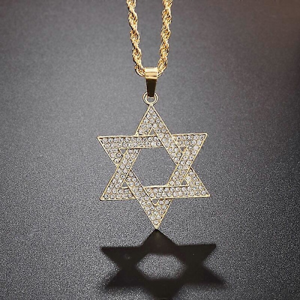 Klassisk Mystisk Jødedom Davidsstjerne Vedhæng Halskæde Fuld Zircon Indlagt Herre Casual Punk Religiøse Smykker LZ8207-Silver